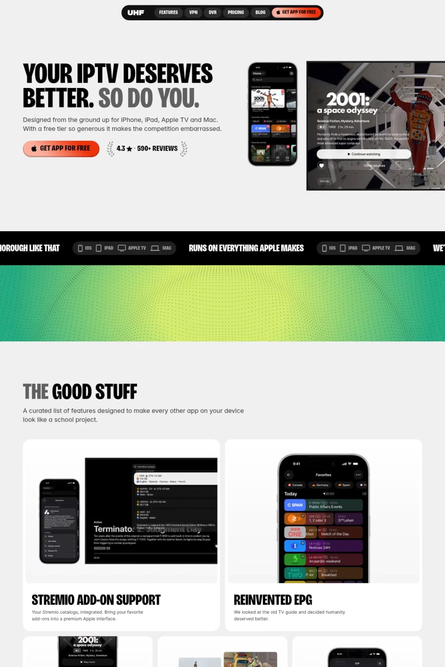 UHF — screenshot of a bright, fun entertainment landing page in white and black