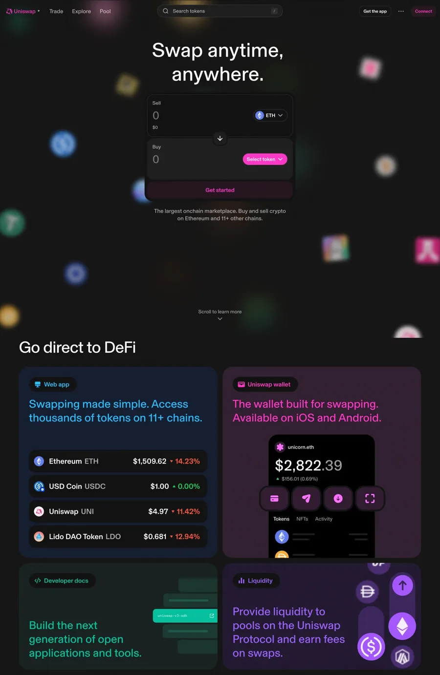 Uniswap — screenshot of a colourful Web3 and crypto landing page in light pink and black