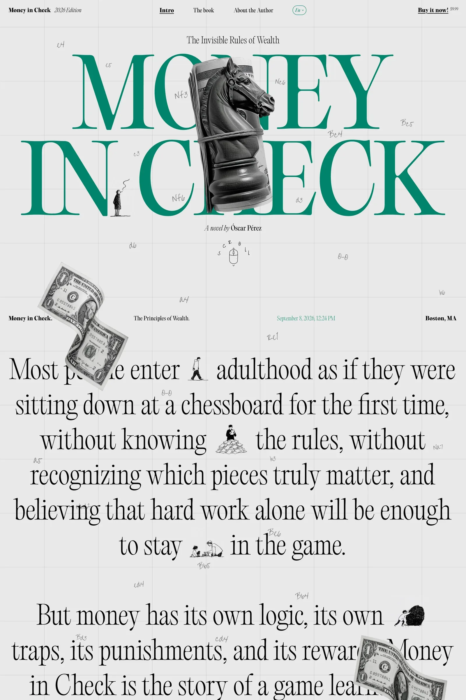 Money in Check — screenshot of an editorial, typographic business landing page in light grey and green