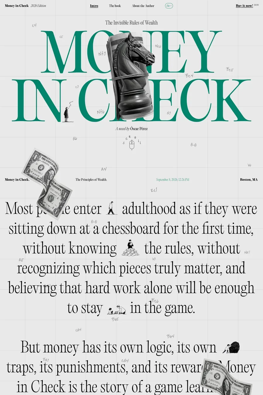 Money in Check — screenshot of an editorial, typographic business landing page in light grey and green