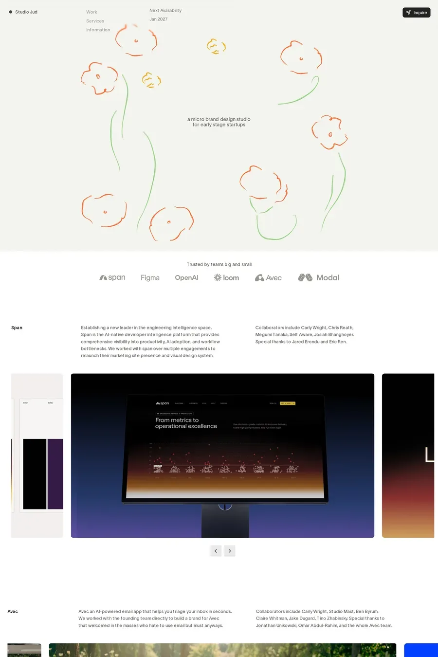 Studio Jud — screenshot of a hand-drawn, minimal business landing page in cream and red