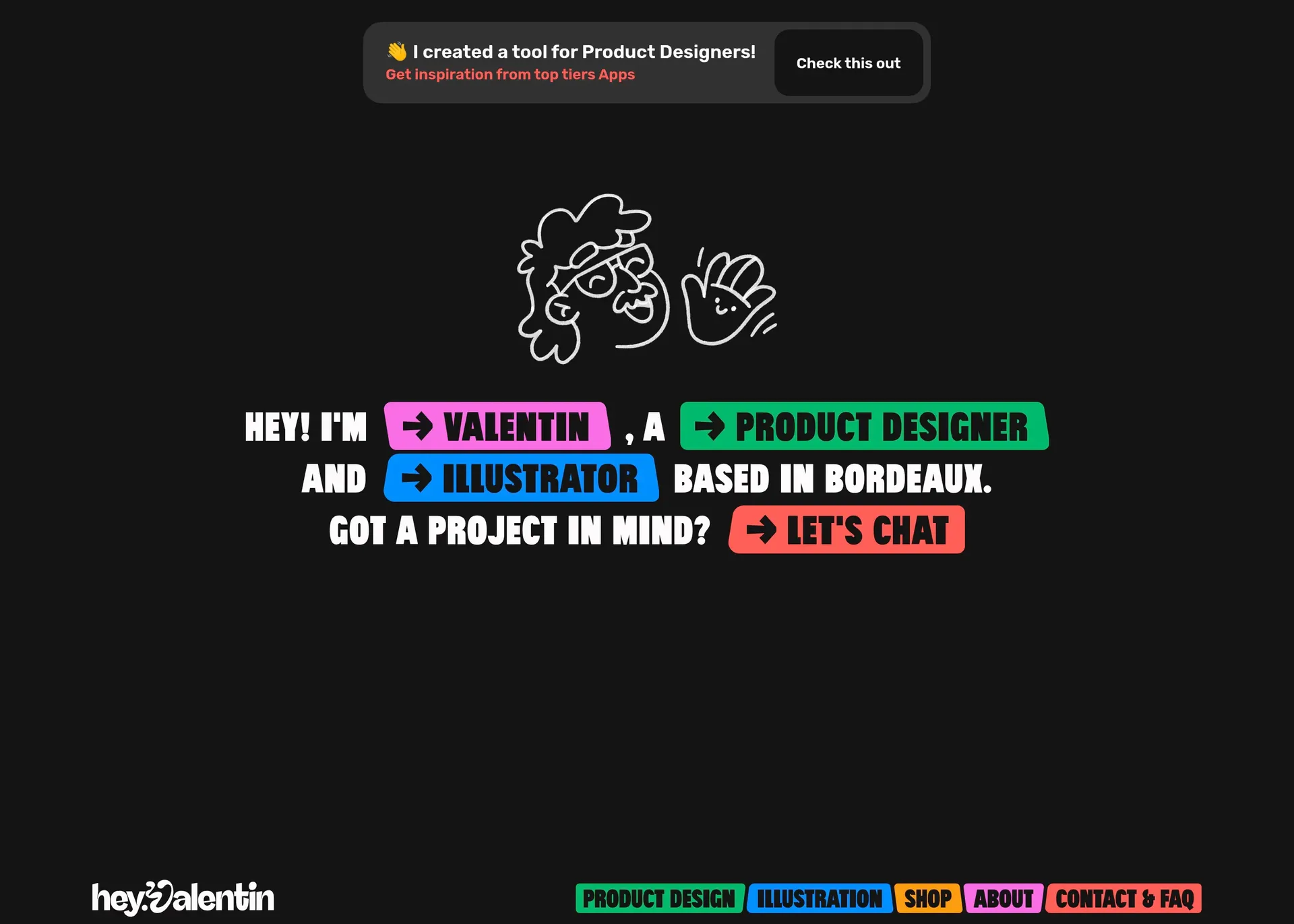 Valentin — screenshot of a colourful, fun design portfolio site in black and pink
