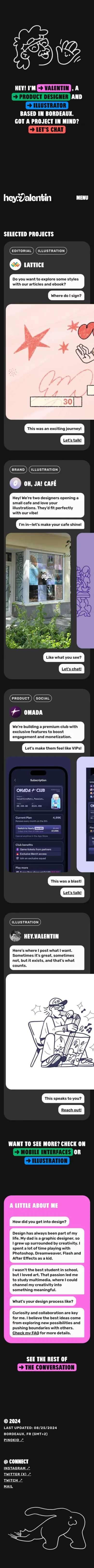 Valentin — mobile screenshot of a colourful, fun design portfolio site in black and pink