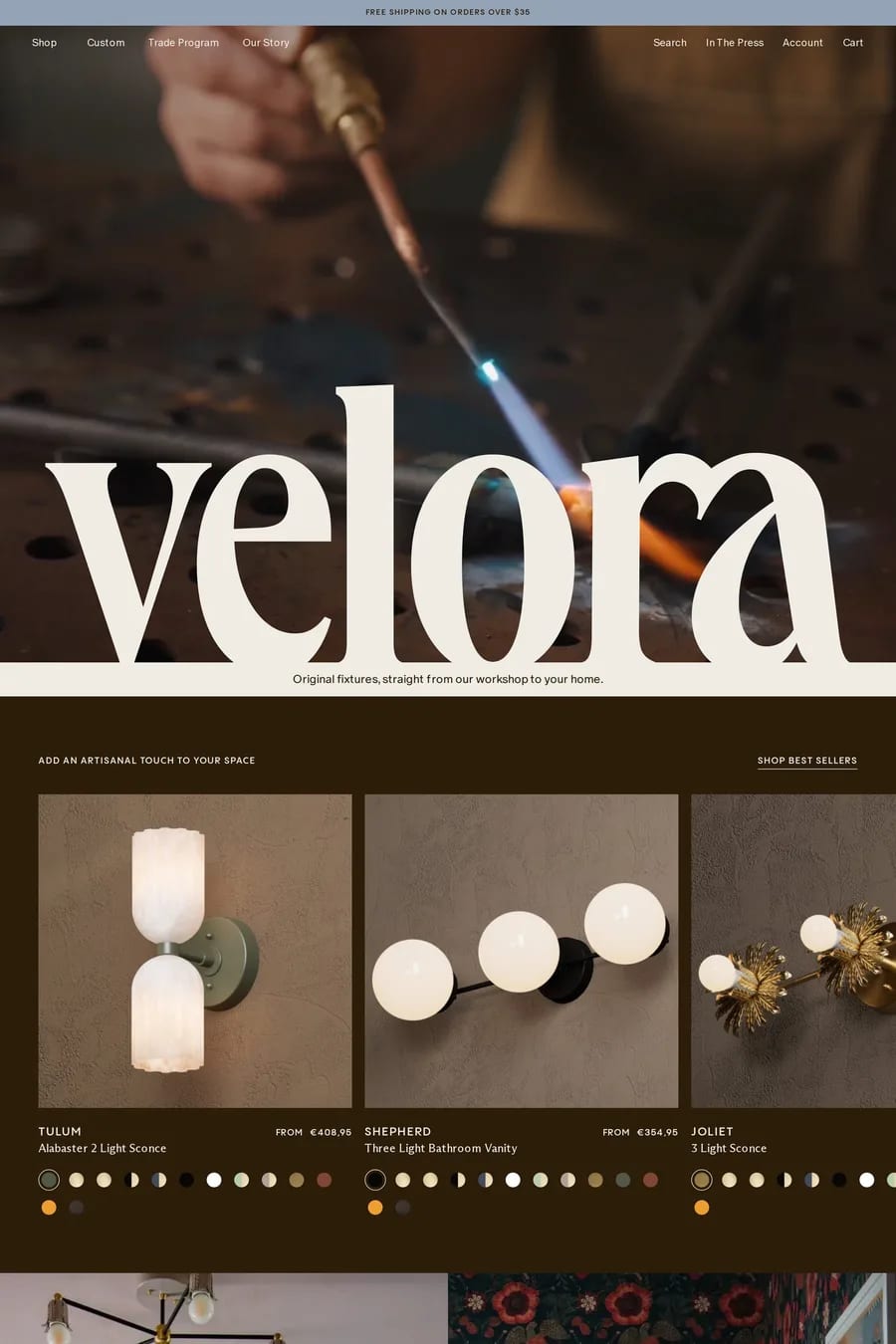 Velora Home — screenshot of a typographic homeware online shop in black and beige