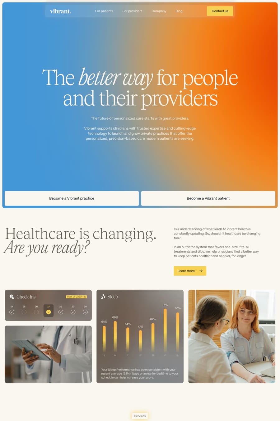 Vibrant — screenshot of a health landing page in orange and blue, with serif type and gradients