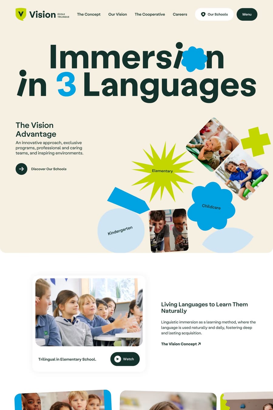 Vision Trilingual School — screenshot of a fun education landing page in blue and white