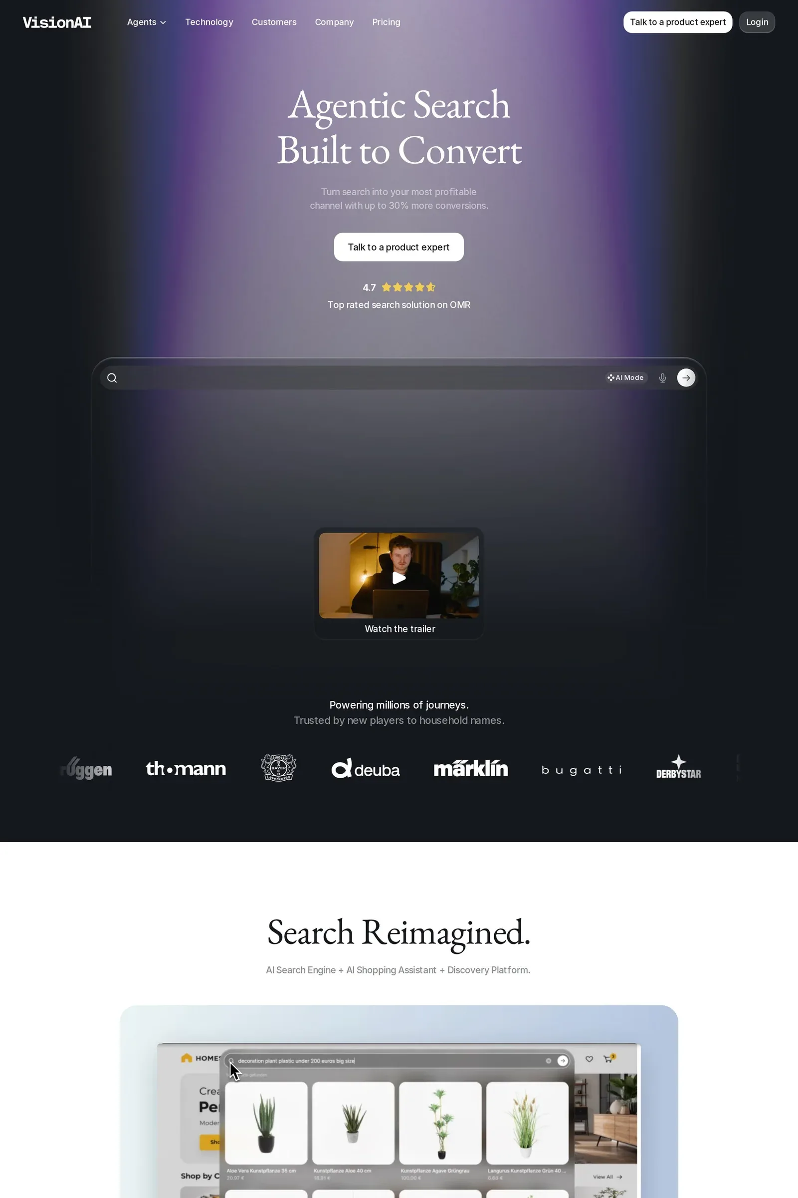 VisionAI — screenshot of a dark, typographic AI landing page in black and purple