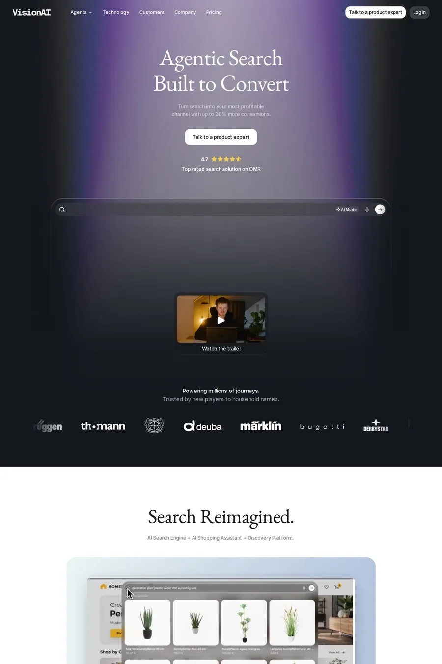 VisionAI — screenshot of a dark, typographic AI landing page in black and purple