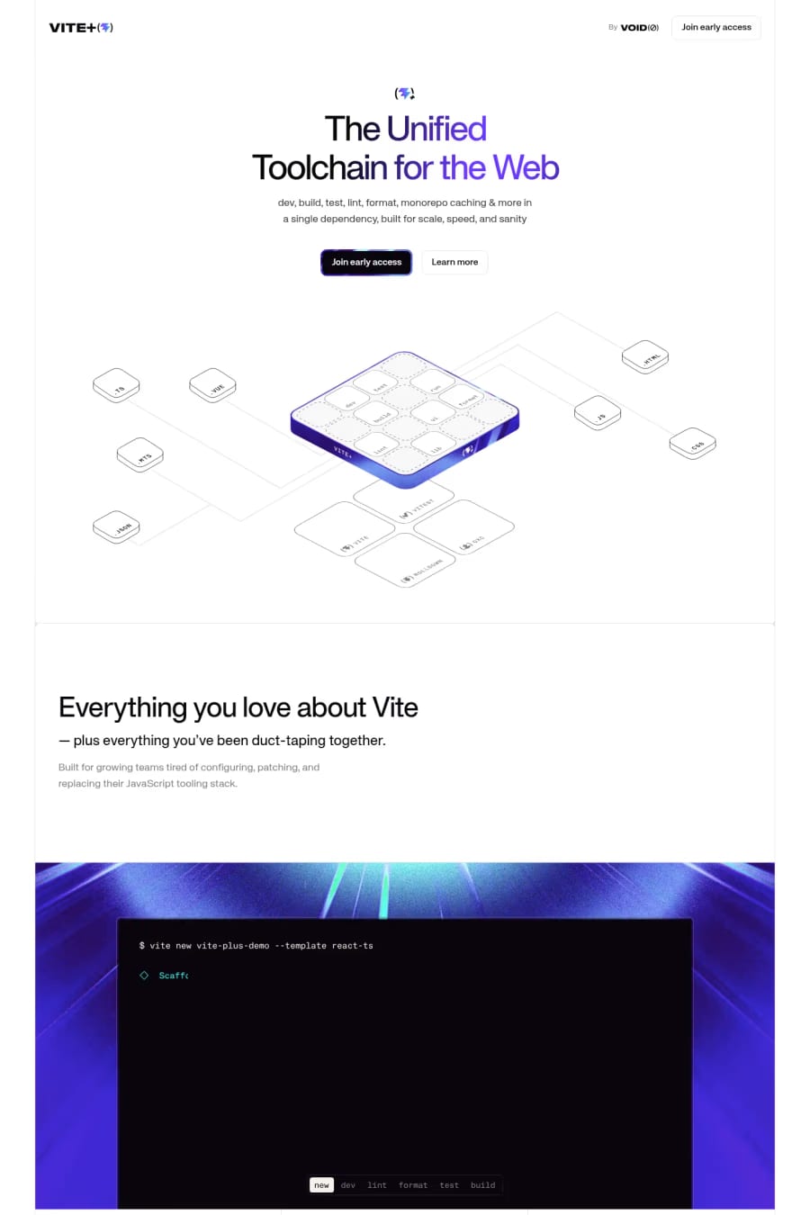 Vite+ — screenshot of a clean, techy development landing page in purple and white