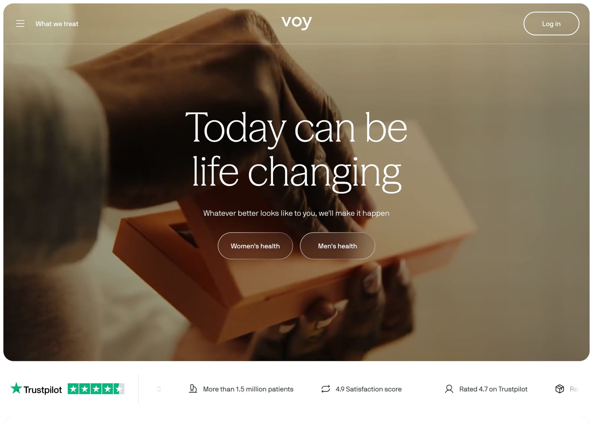 Voy — screenshot of a health landing page in white and light orange, with blur effects and photography