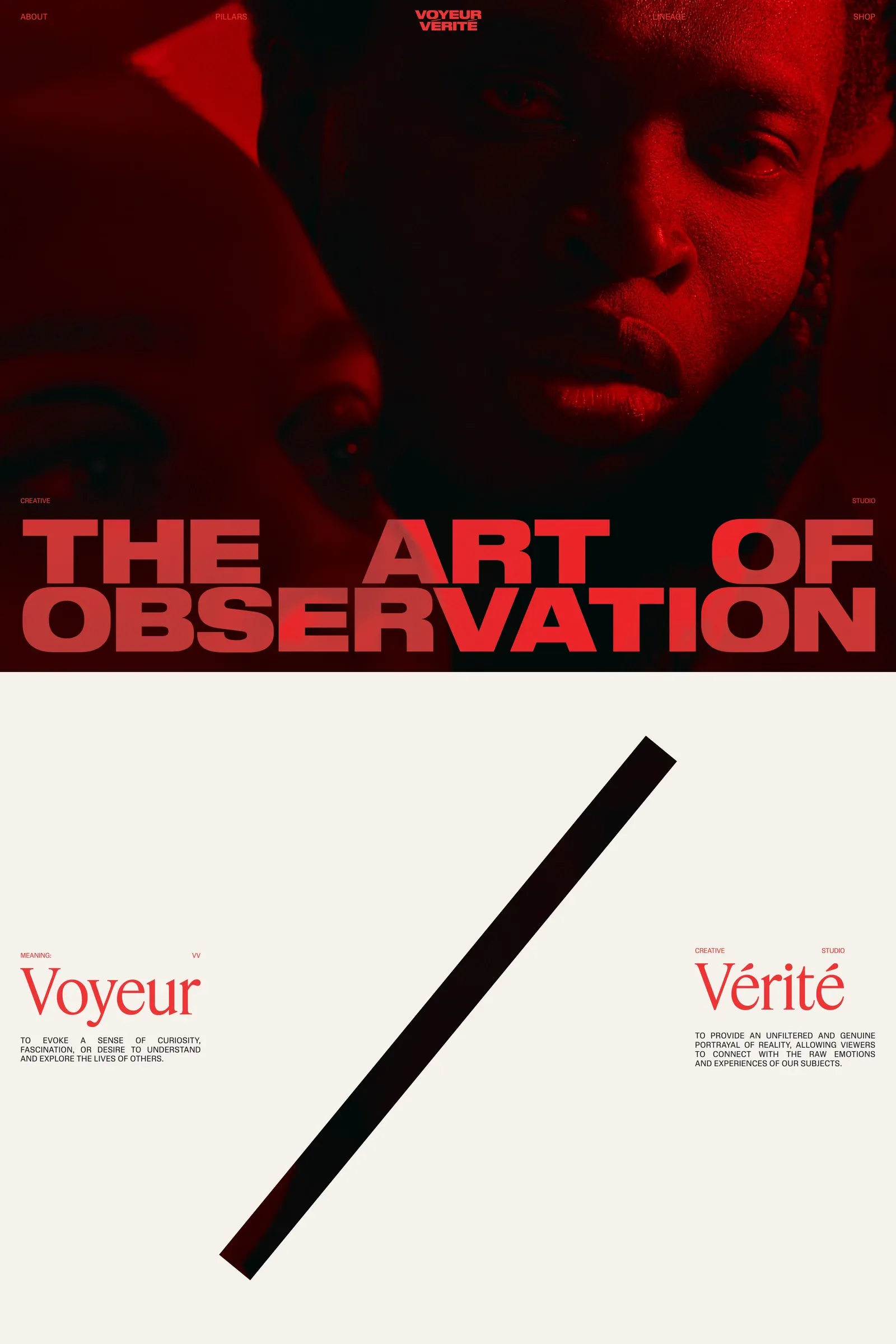 Voyeur Vérité — screenshot of a minimal, typographic video agency site in red and white
