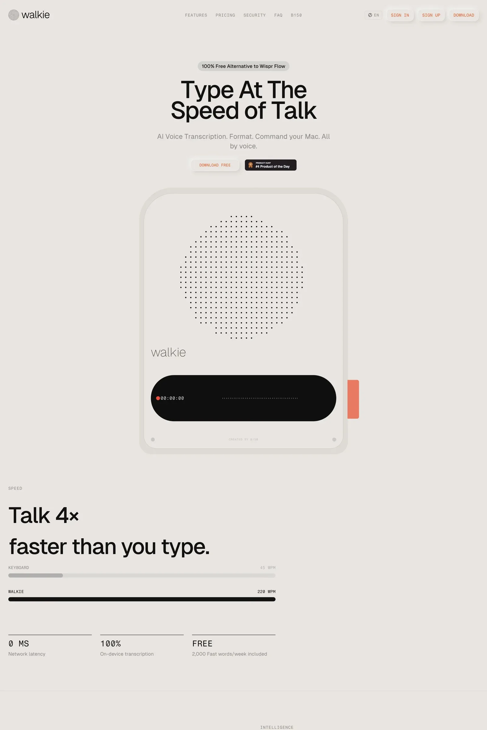 Walkie — screenshot of a minimal, neutral software landing page in beige and black