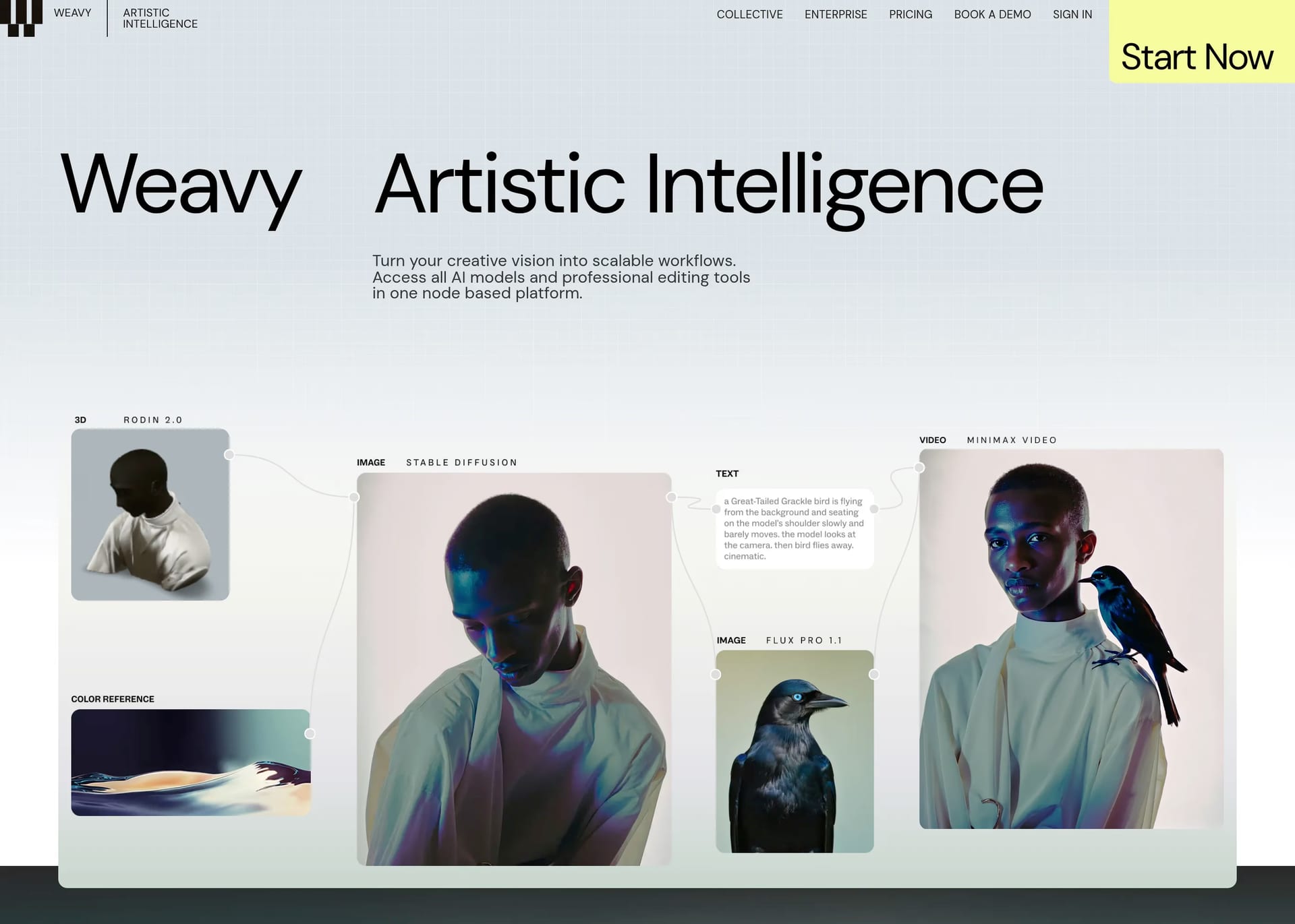 Weavy — screenshot of a techy, detailed AI landing page in grey and light grey