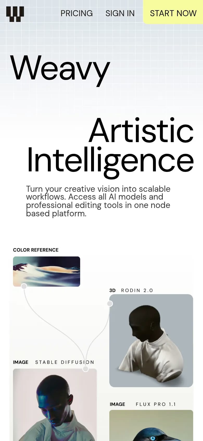 Weavy — mobile screenshot of a techy, detailed AI landing page in grey and light grey