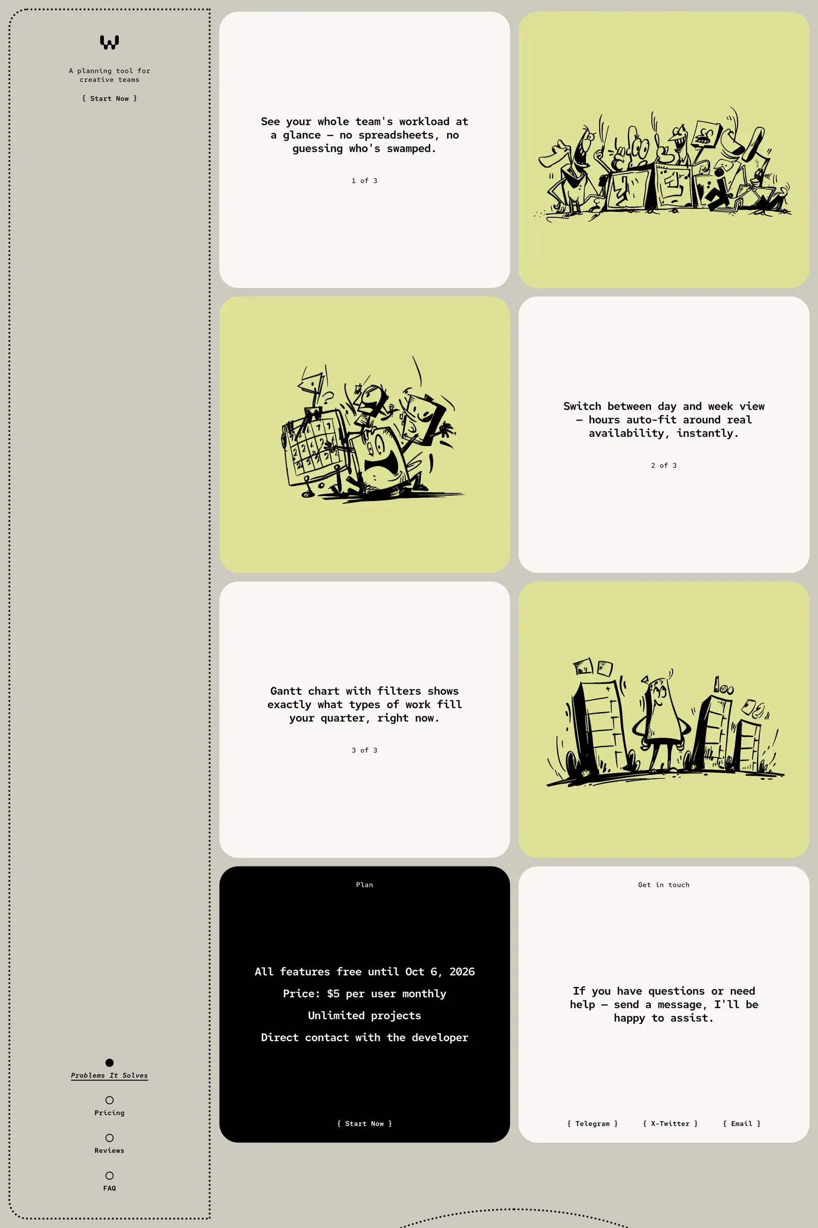 WeekSync — screenshot of a hand-drawn, typographic productivity landing page in light green and beige