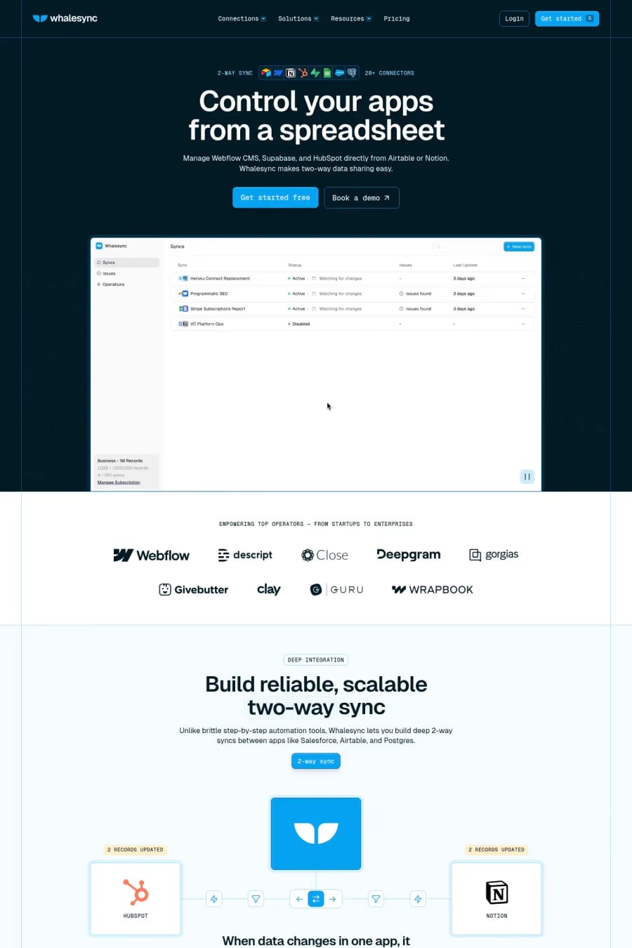Whalesync — landing website screenshot