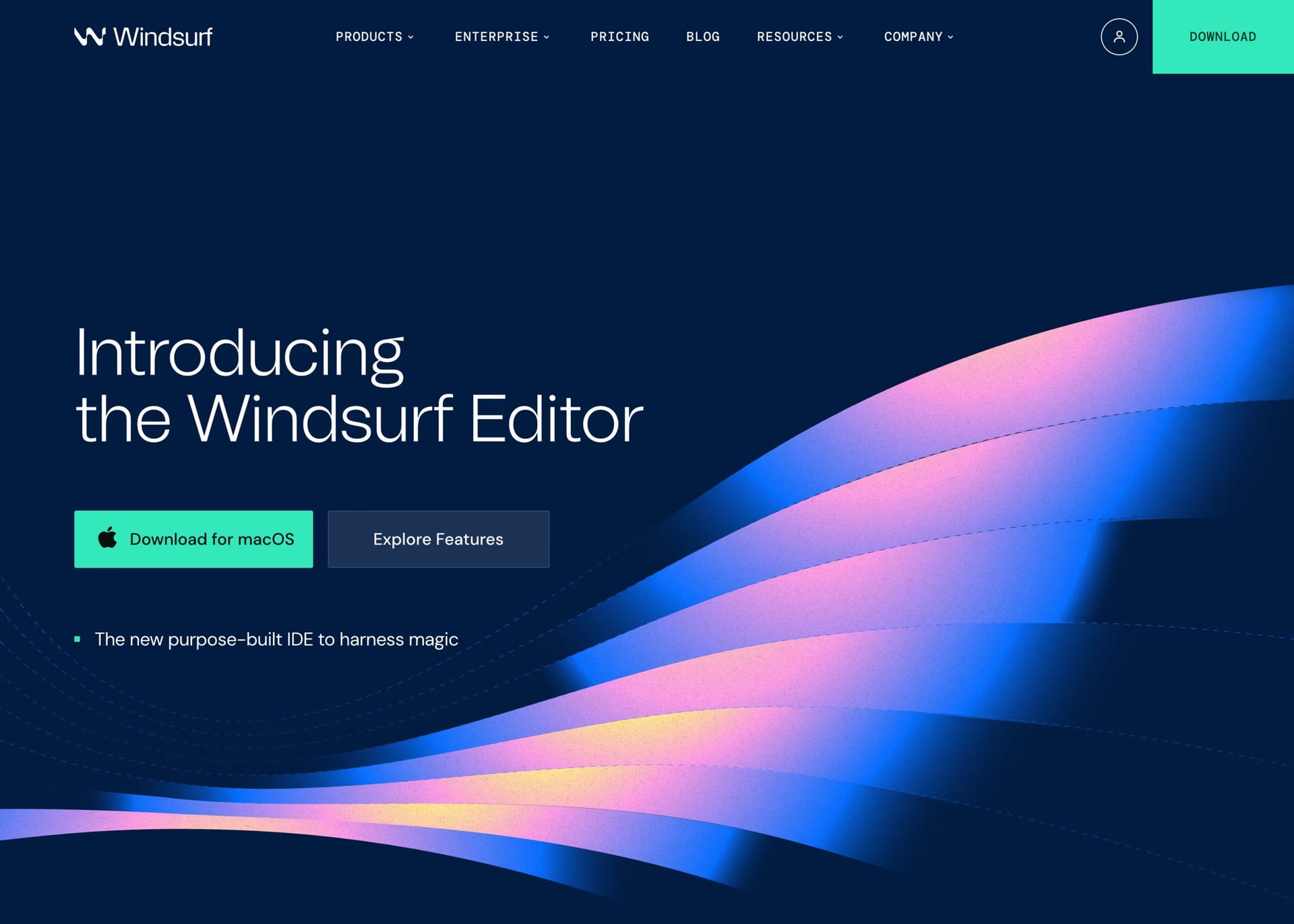 Windsurf — screenshot of a colourful, dark development landing page in dark purple and green