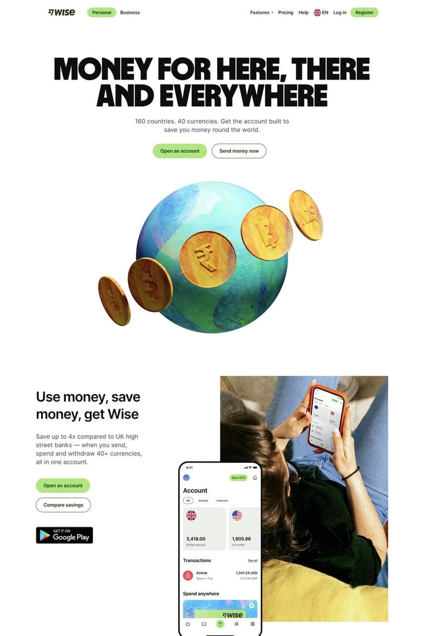 Wise — screenshot of a landing page