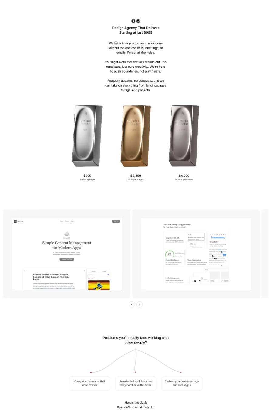 Wx — screenshot of a minimal, 3D design agency site in white