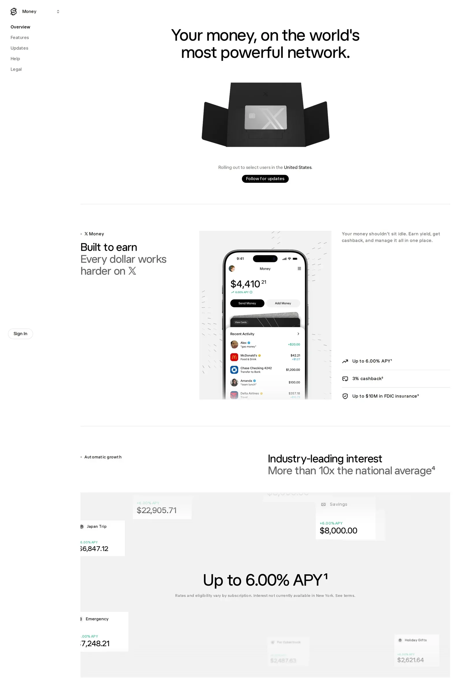 X Money — screenshot of a black-and-white, typographic finance landing page in white and black