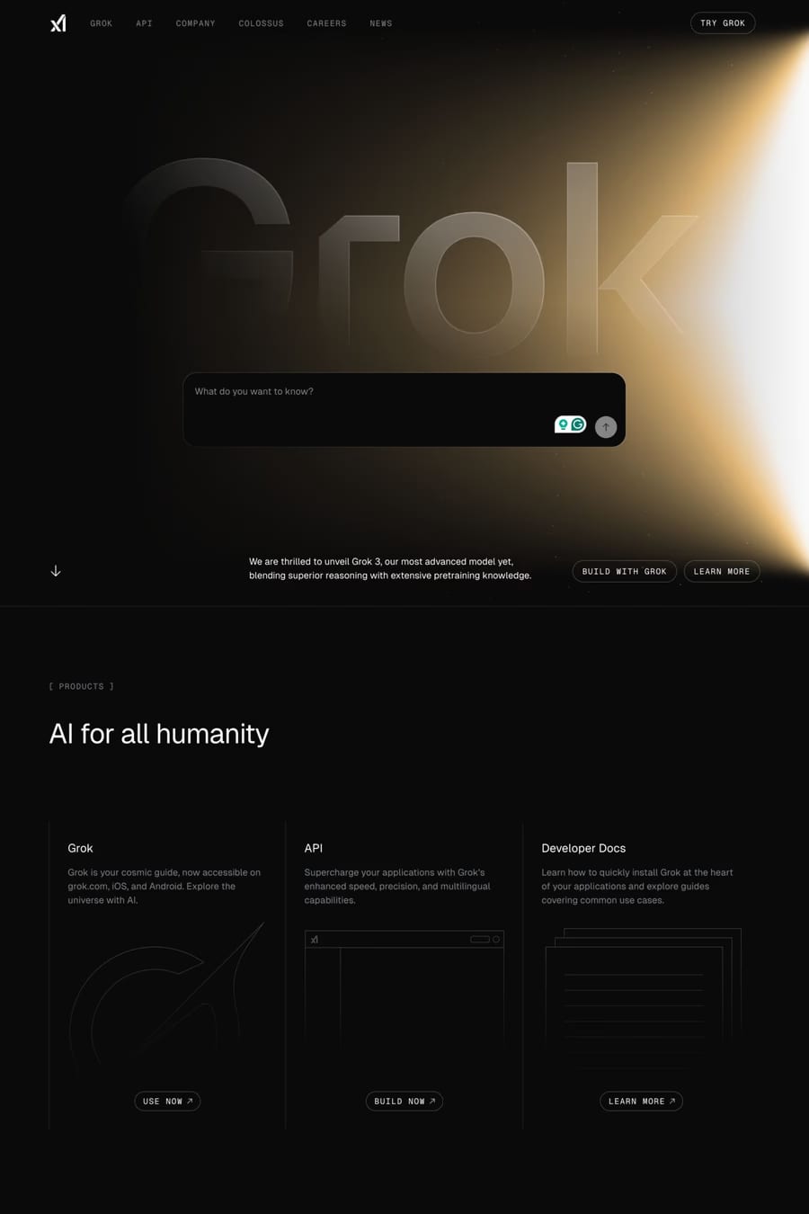 xAI — screenshot of a 3D AI landing page in black and beige
