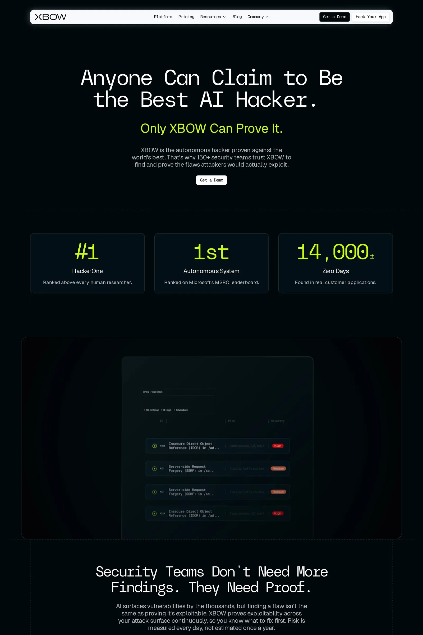 XBOW — screenshot of a dark, techy security landing page in black and light green