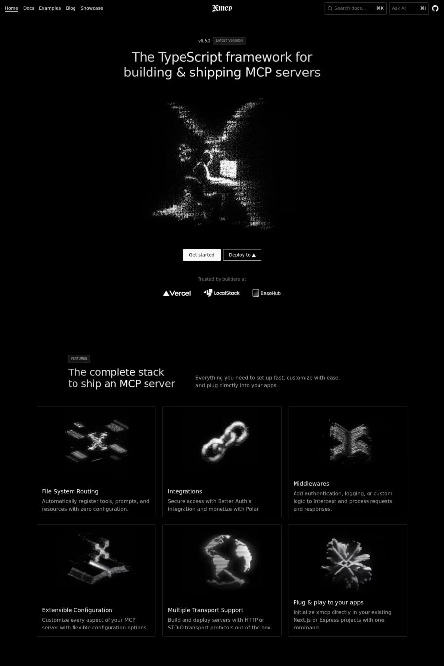 XMCP — screenshot of a techy, dark software landing page in white and black