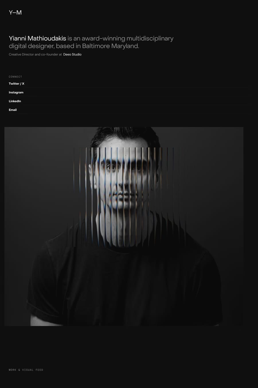 Yianni Mathioudakis — screenshot of a dark design portfolio site in black and white