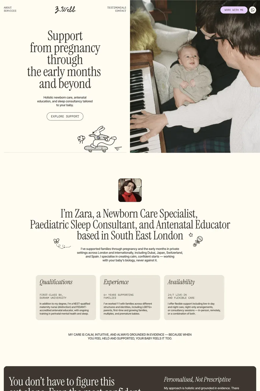 Zara Webb — screenshot of a hand-drawn, elegant health portfolio site in cream and dark brown