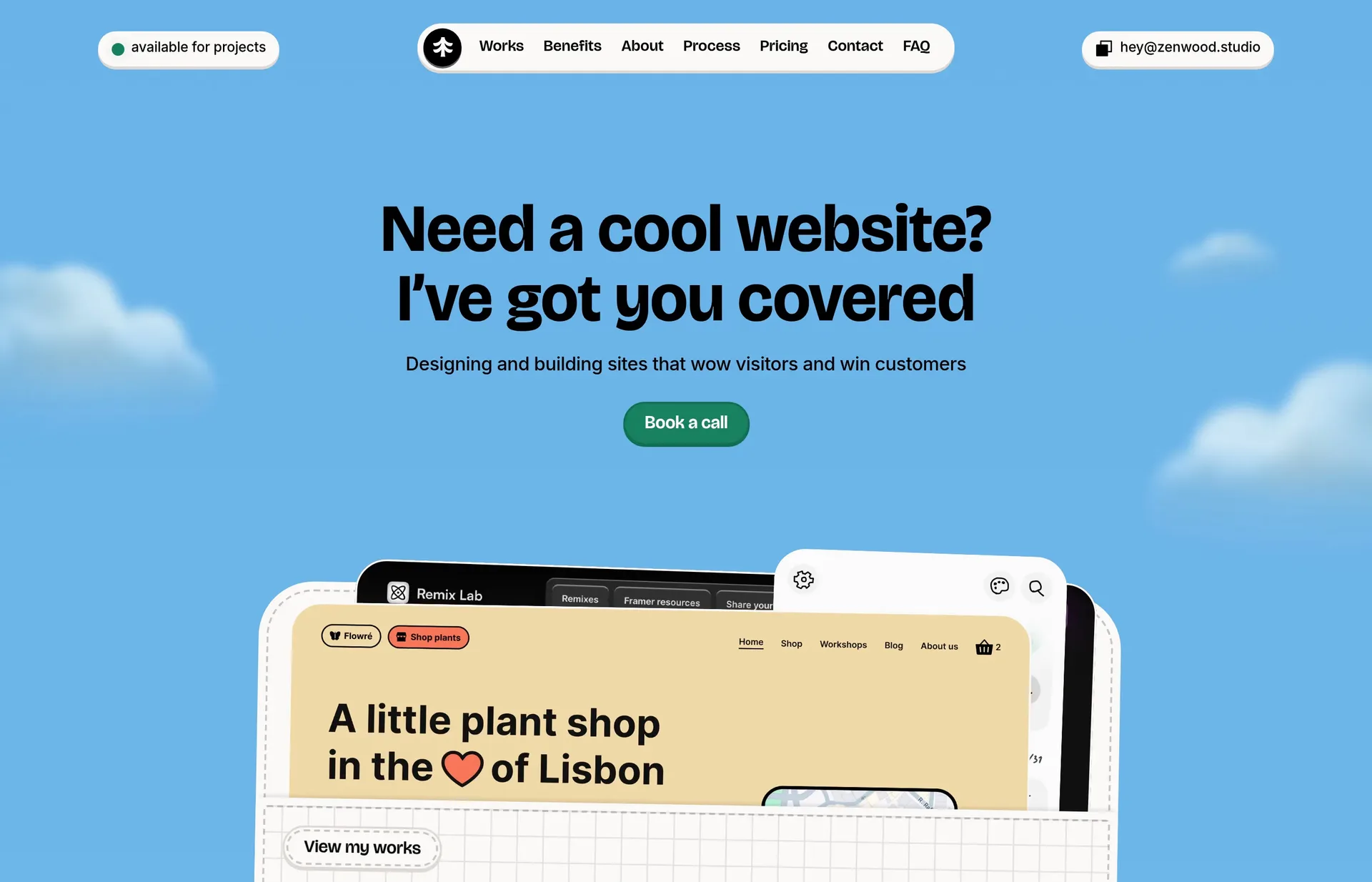 Zenwood Studio — screenshot of a fun, 3D design agency site in light blue and green