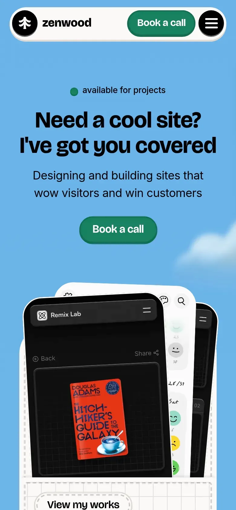 Zenwood Studio — mobile screenshot of a fun, 3D design agency site in light blue and green