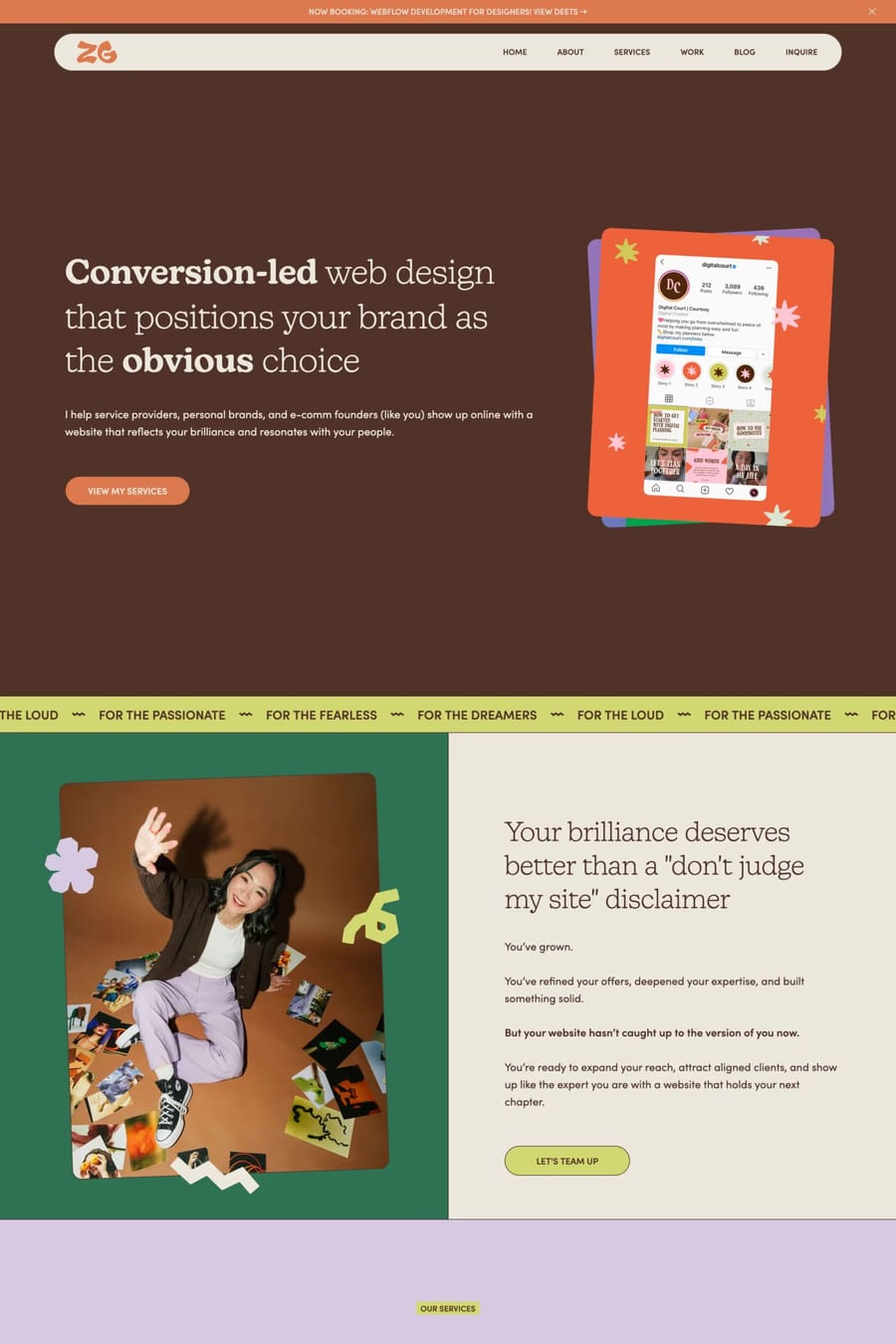 Zig Zag Creative — screenshot of a fun, colourful design agency site in brown and orange
