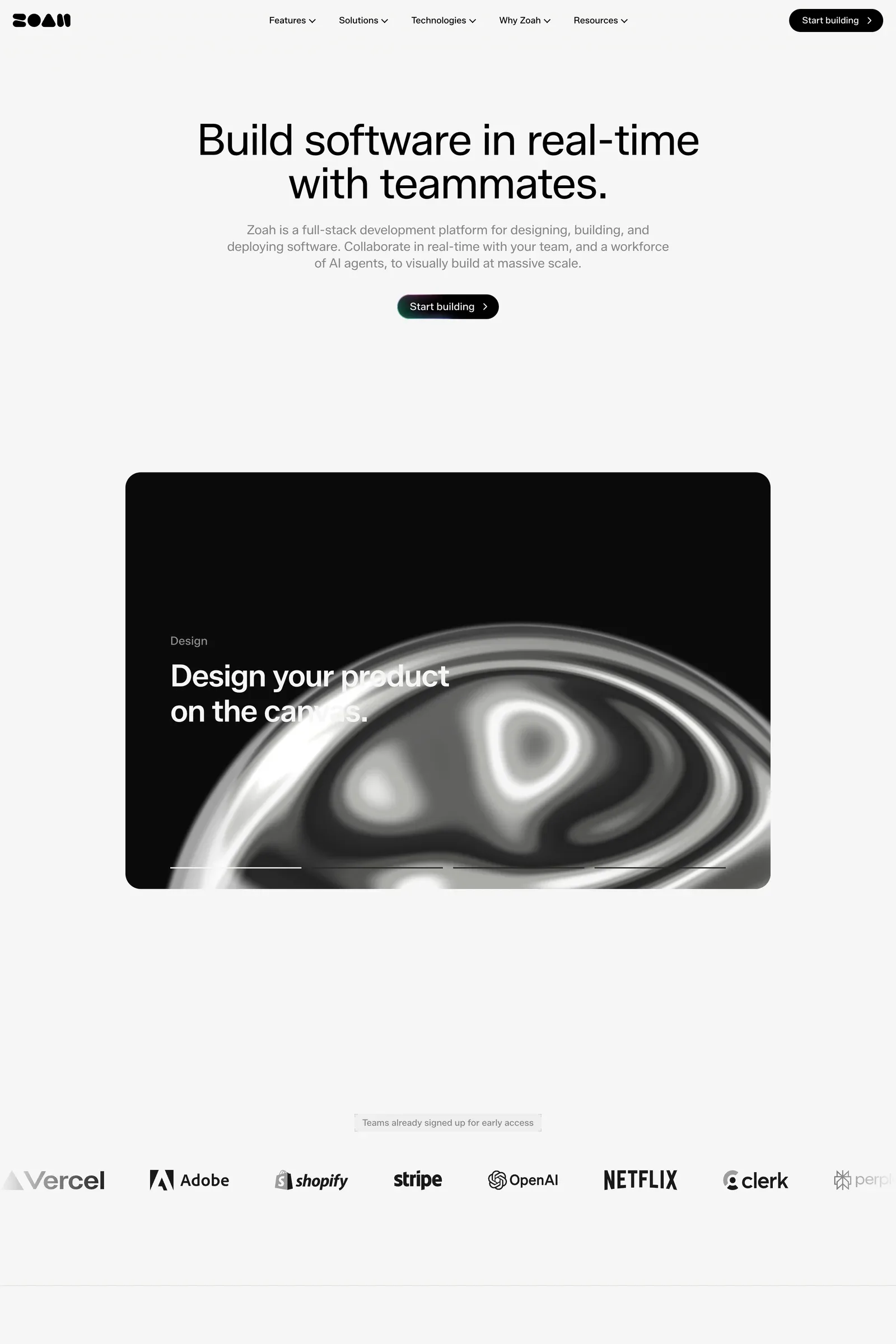 Zoah — screenshot of a typographic, neutral software landing page in light grey and black