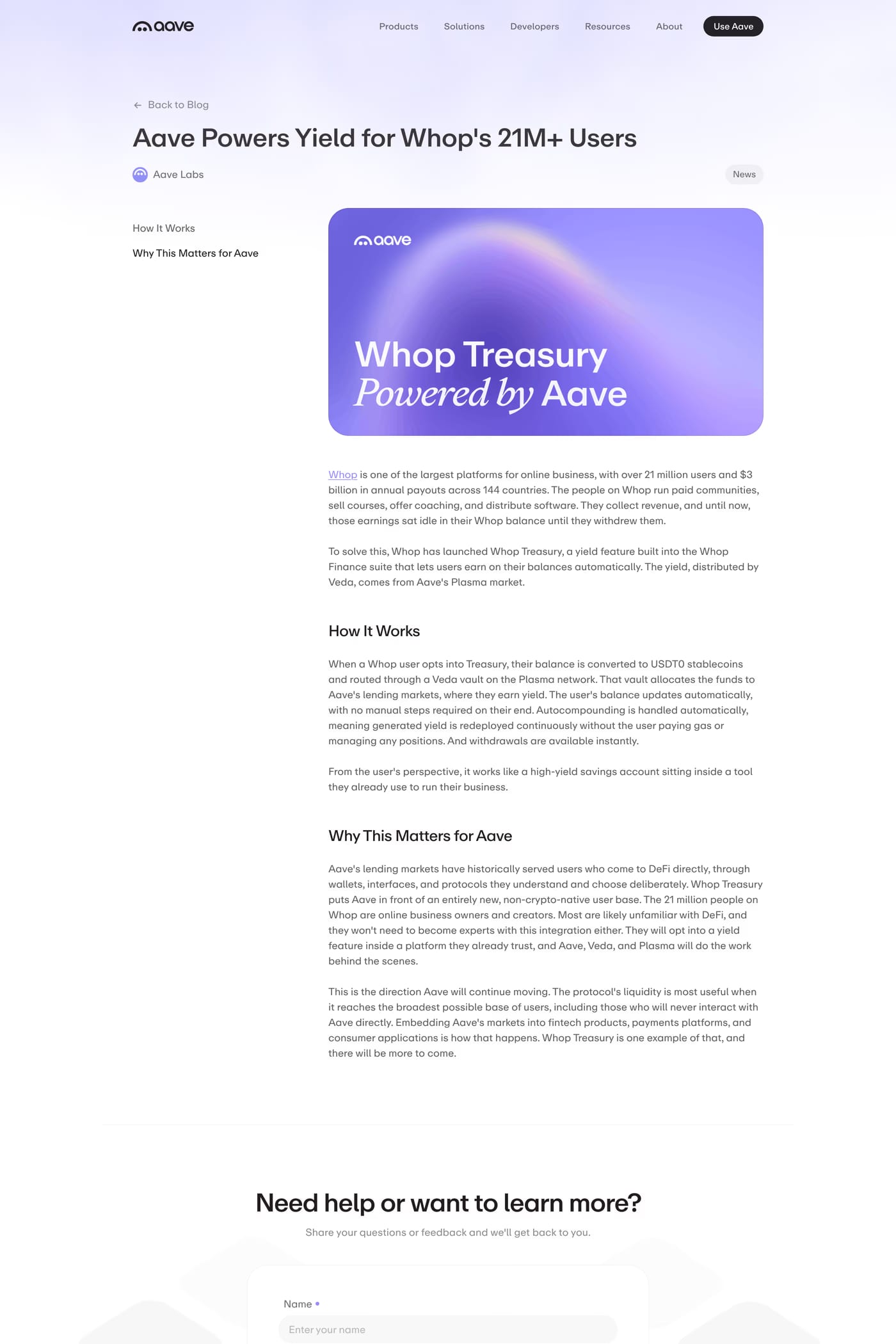 Aave — screenshot of the blog page