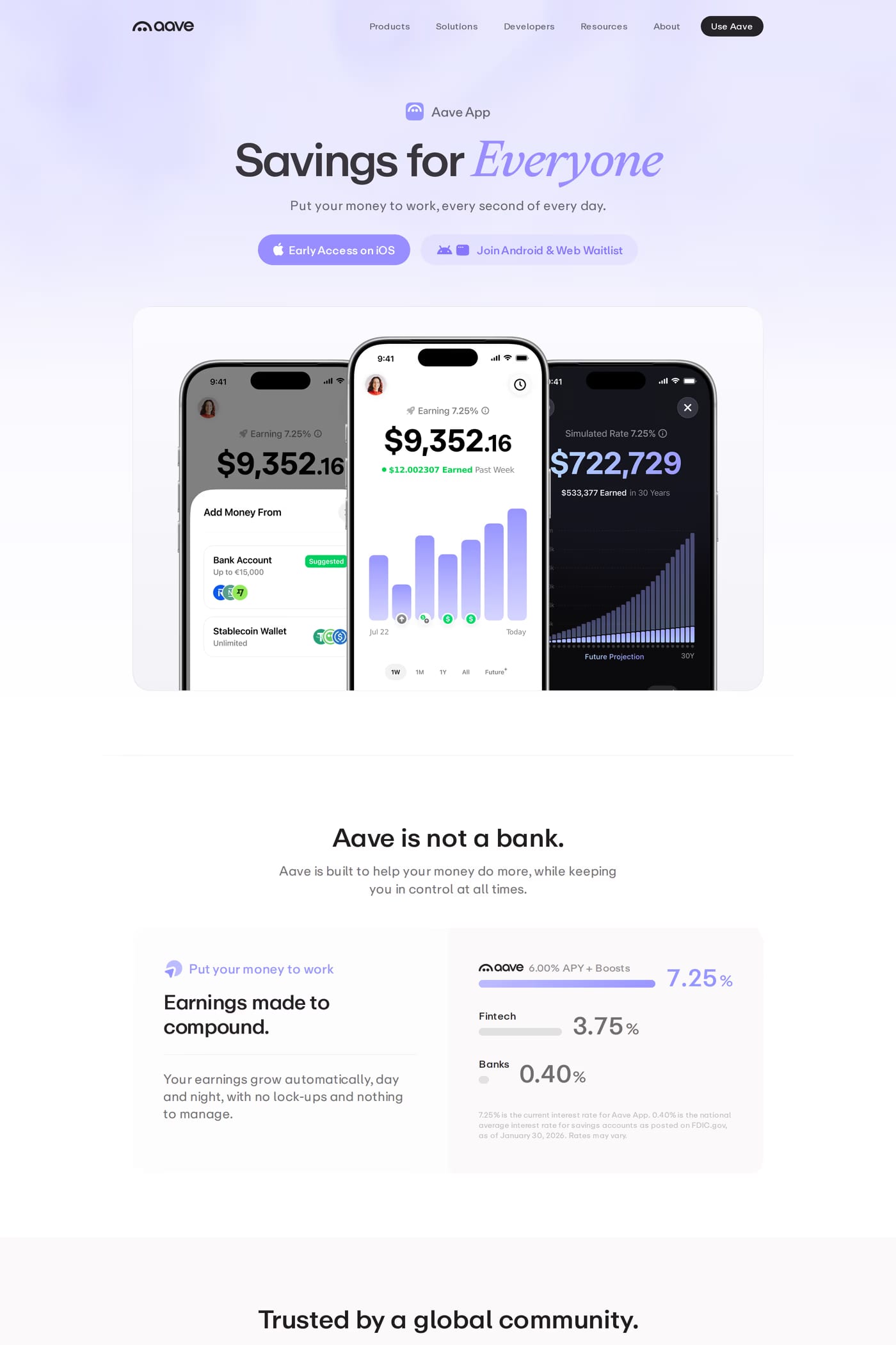Aave — screenshot of the features page