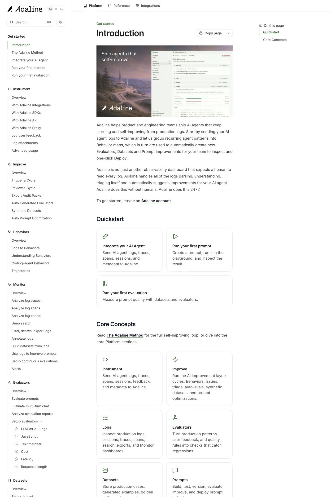 Adaline — screenshot of the docs page