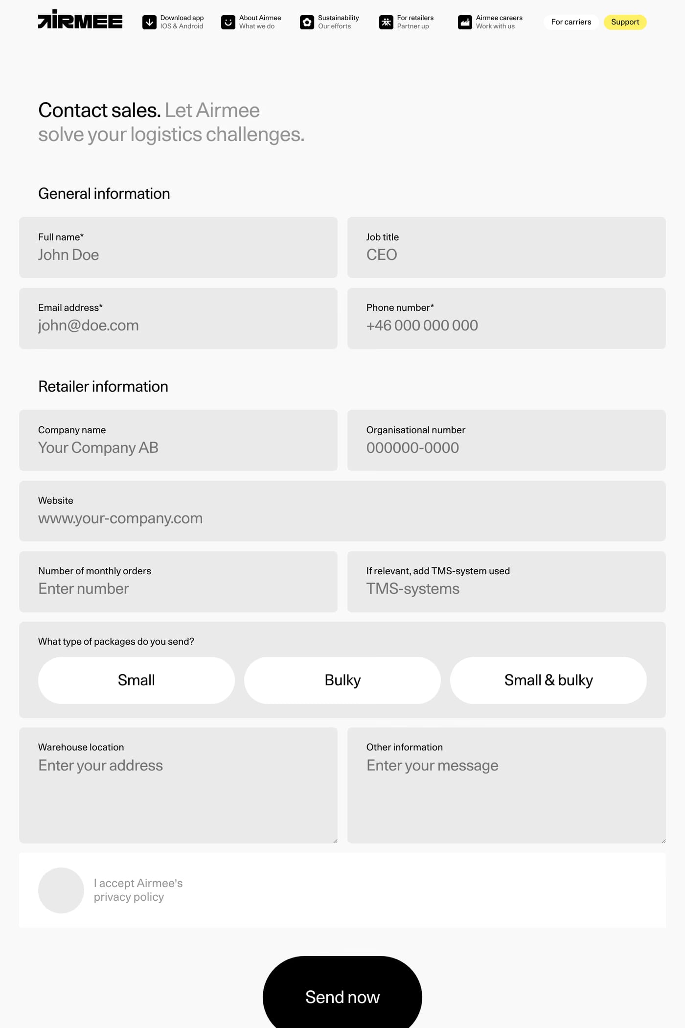 Airmee — screenshot of the contact page