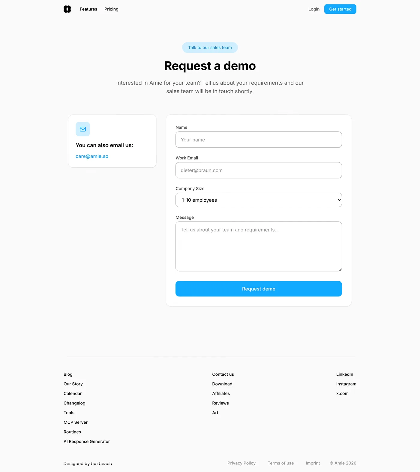 Amie — screenshot of the contact page