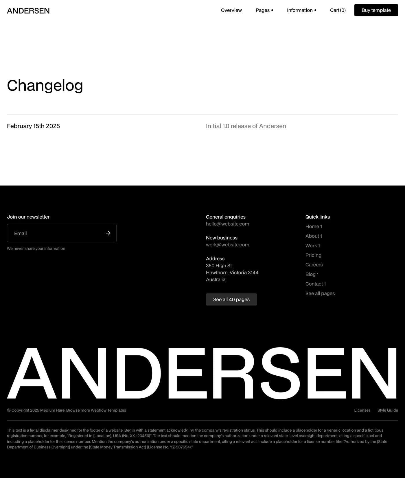 Andersen — screenshot of the changelog page