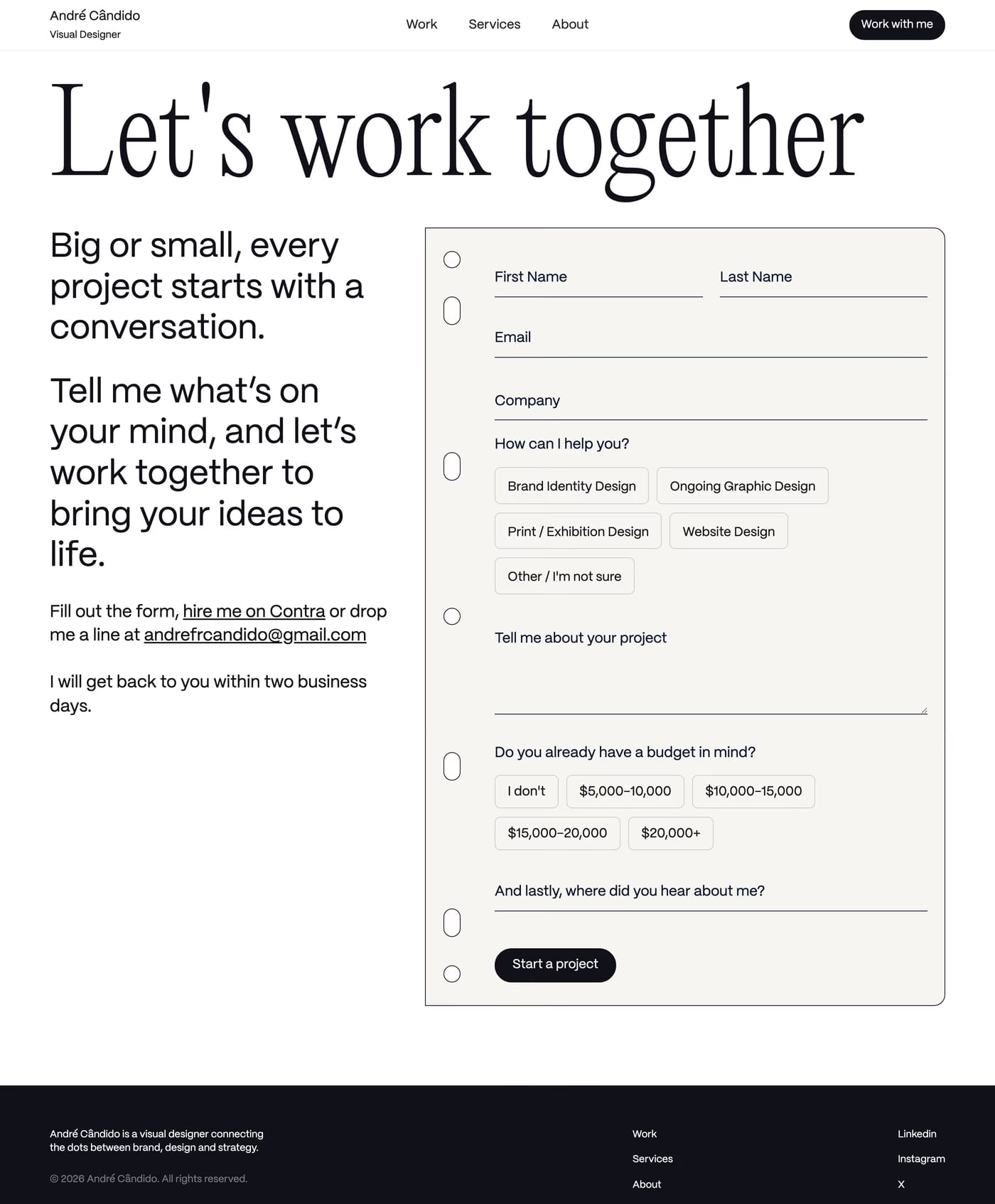 Andre Candido — screenshot of the contact page