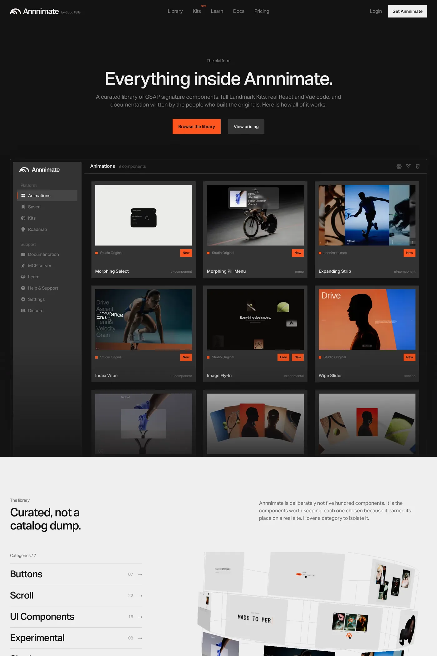 Annnimate — screenshot of the features page