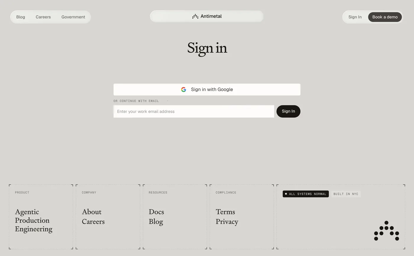 Antimetal — screenshot of the login page
