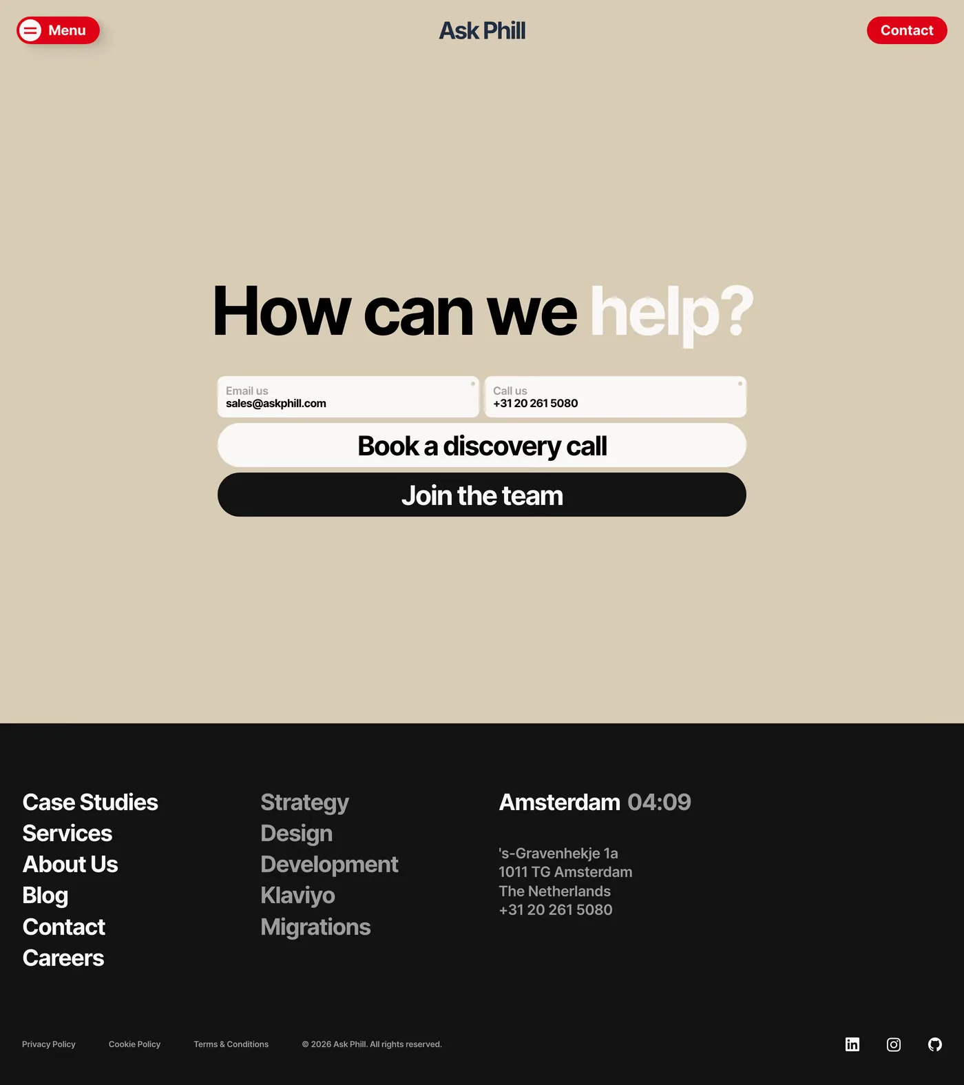 Ask Phill — screenshot of the contact page