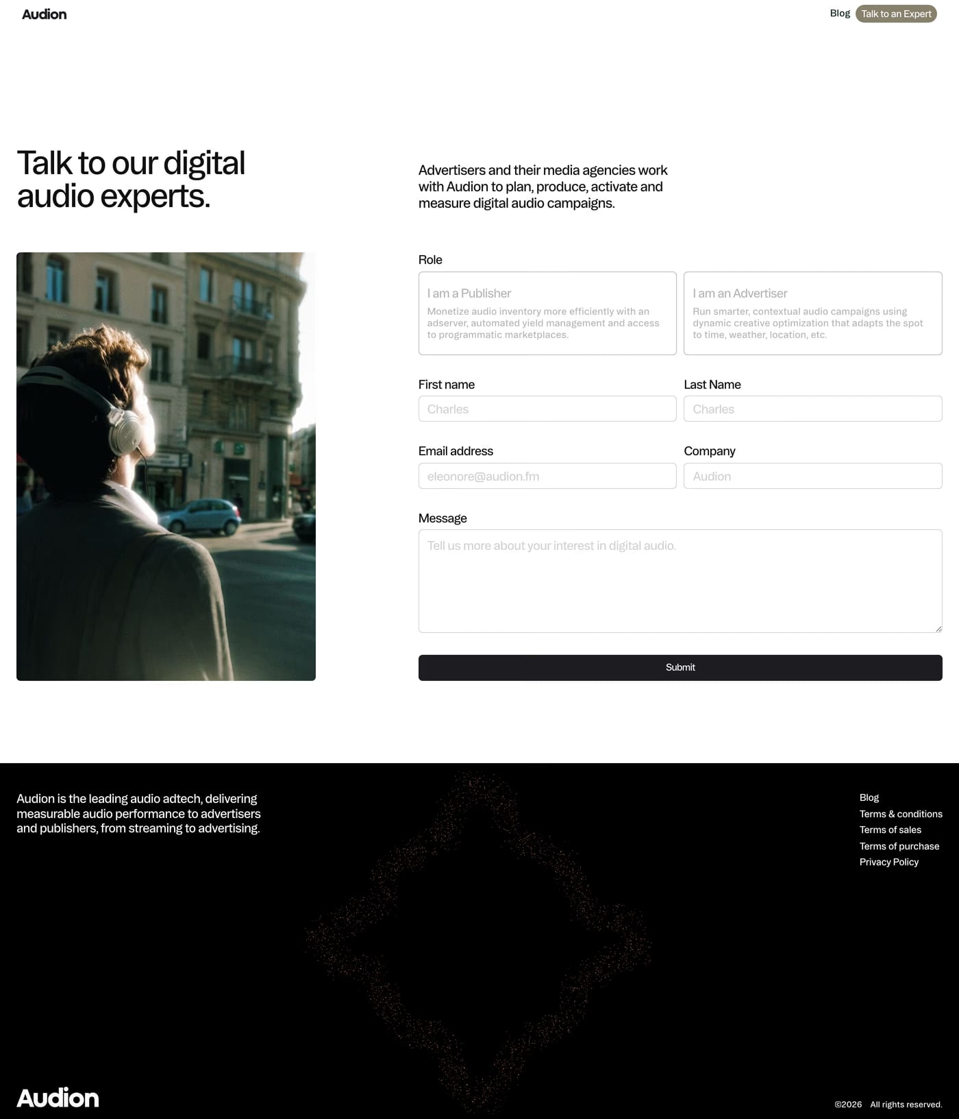 Audion — screenshot of the contact page