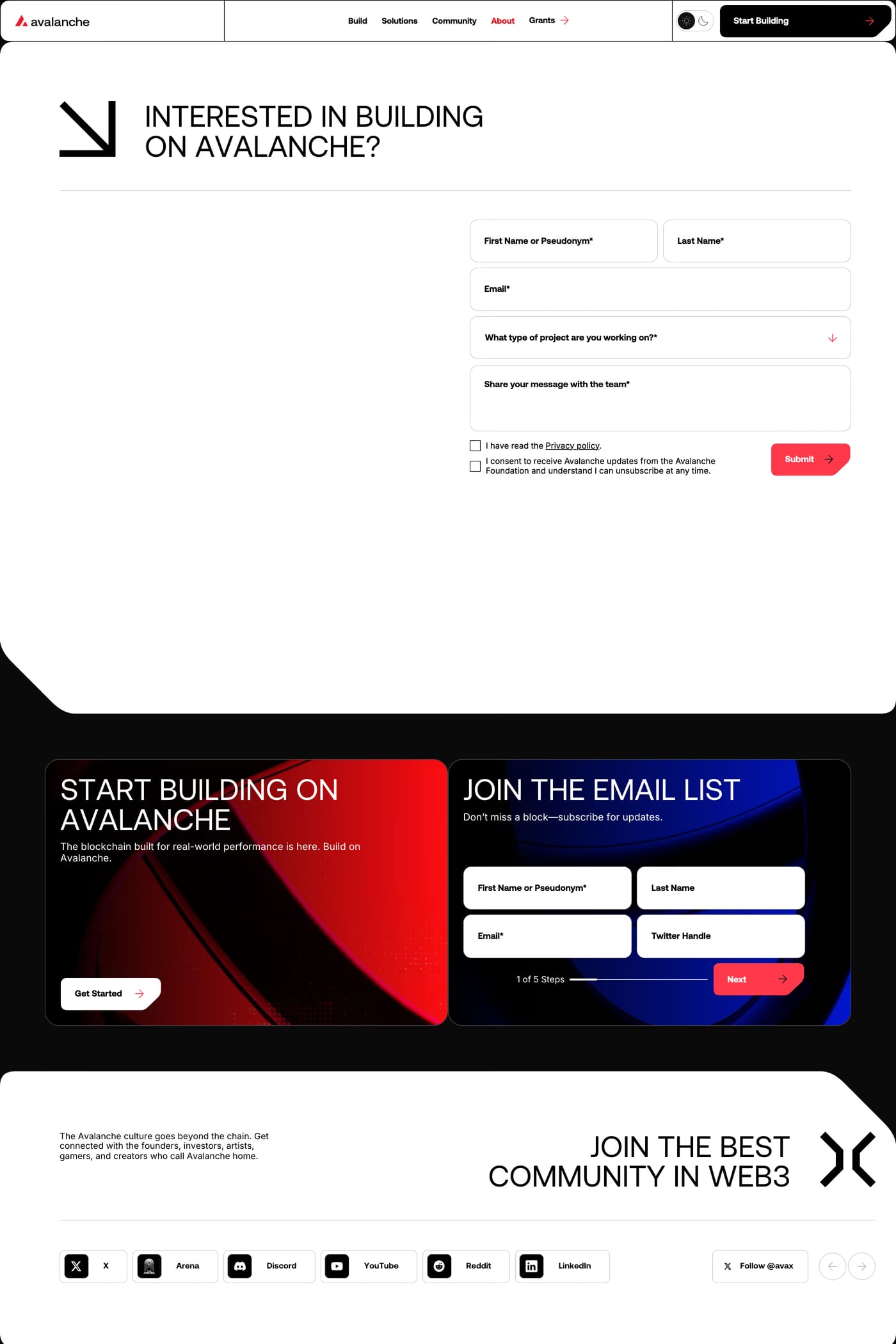 Avax.network — screenshot of the contact page