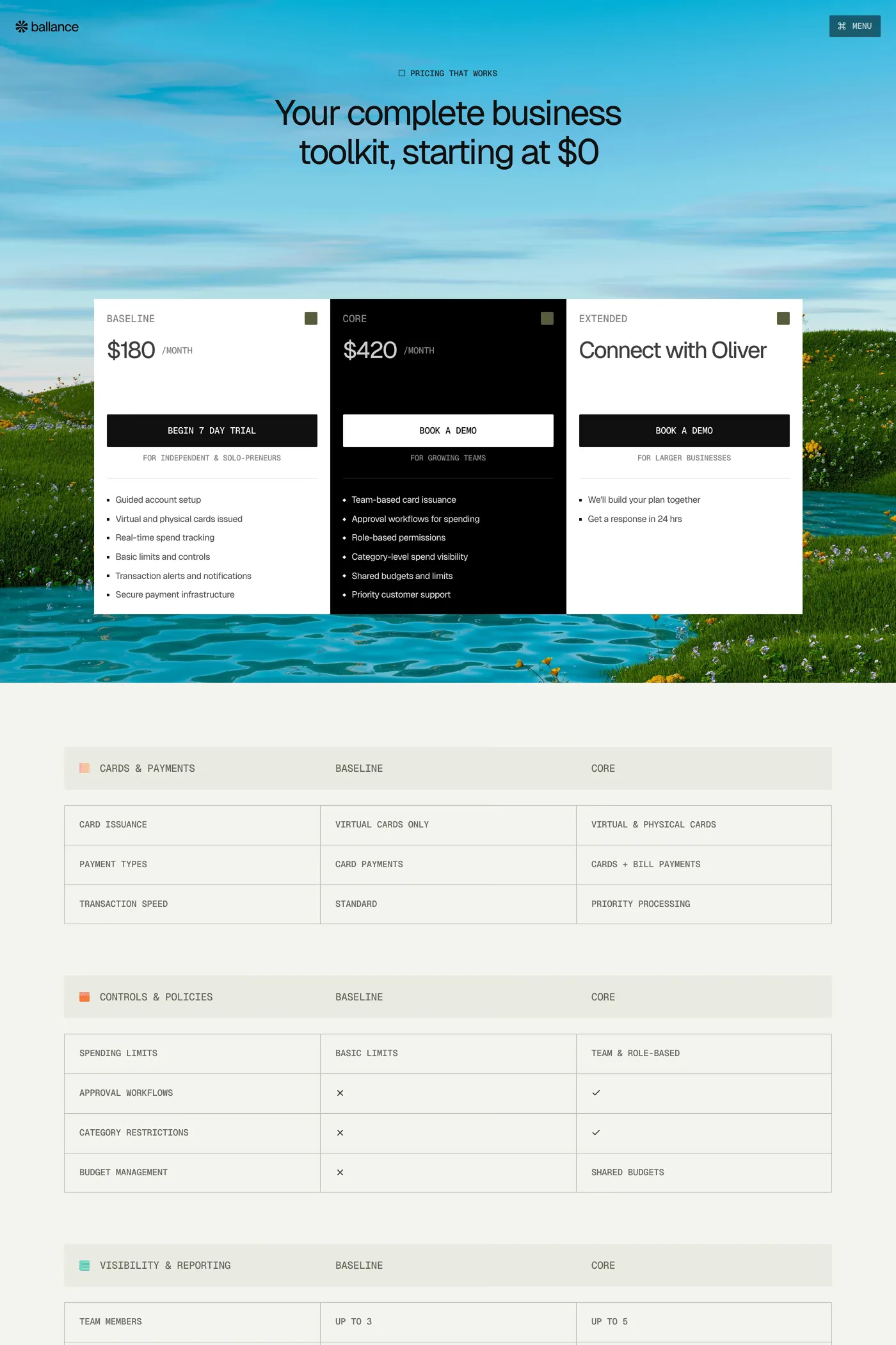 Ballance — screenshot of the pricing page