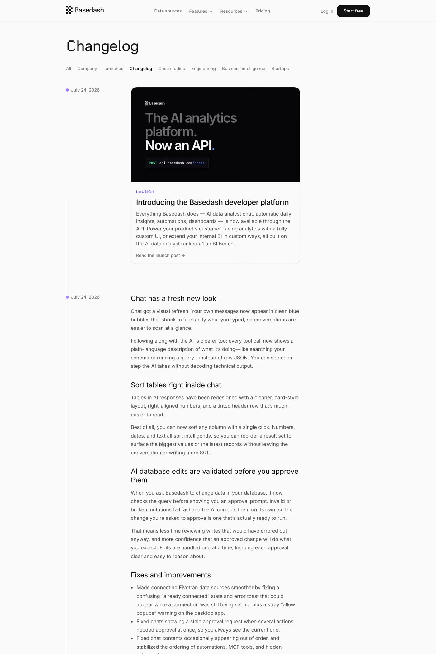 Basedash changelog page