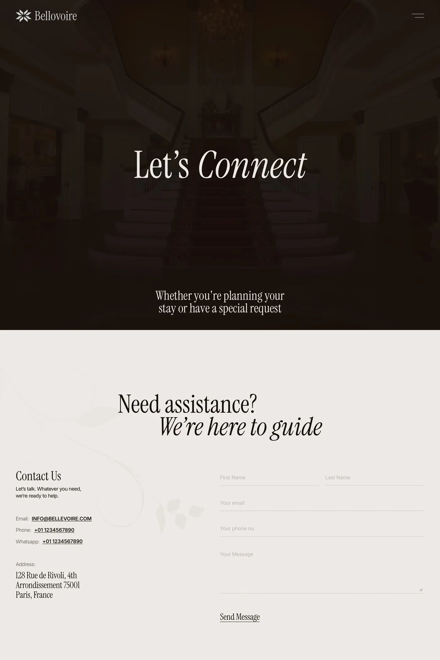 Bellevoire — screenshot of the contact page