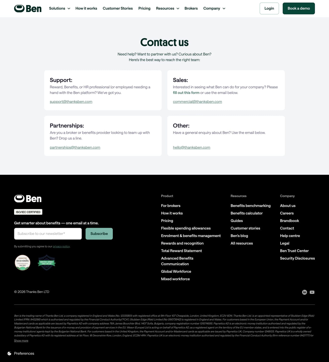 Ben — screenshot of the contact page
