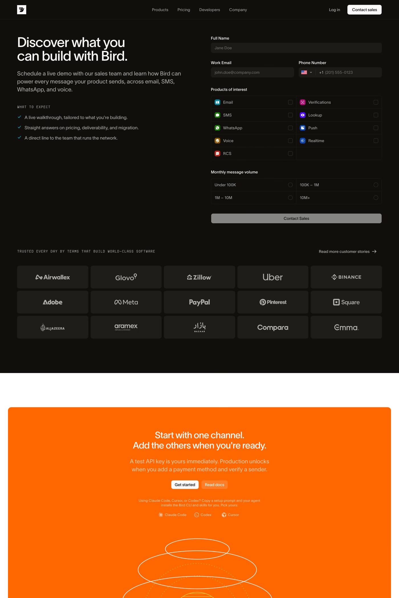 Bird — screenshot of the contact page